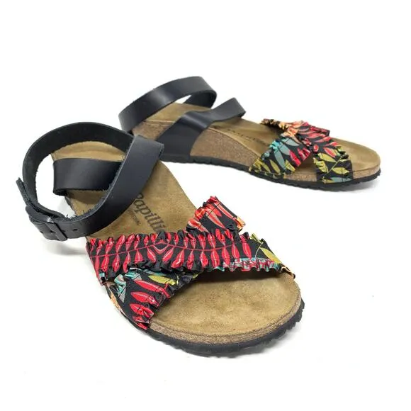 Birkenstock Papillio Women's Sz 38 US 7 Wedge Sandals Ankle Straps Floral Ruffle