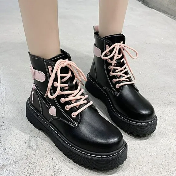 Black &amp; Pink Heart Lace Up Combat Boot | Women Lolita Ankle Leather Boots