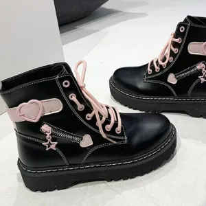 Black &amp; Pink Heart Lace Up Combat Boot | Women Lolita Ankle Leather Boots