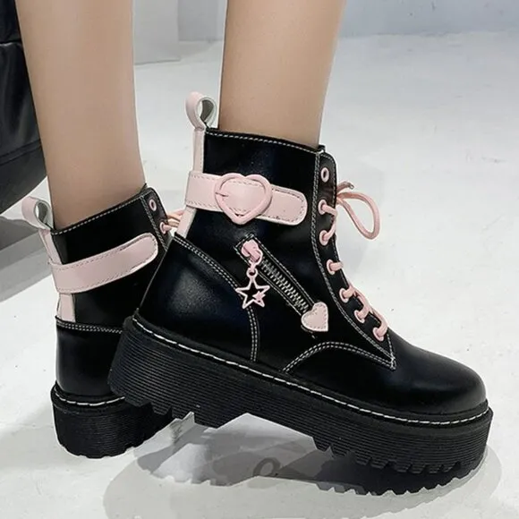 Black &amp; Pink Heart Lace Up Combat Boot | Women Lolita Ankle Leather Boots