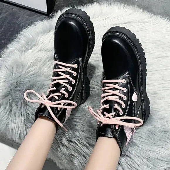 Black &amp; Pink Heart Lace Up Combat Boot | Women Lolita Ankle Leather Boots