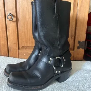 Black Cowboy Boots with Harness Strap and Sturdy Sole