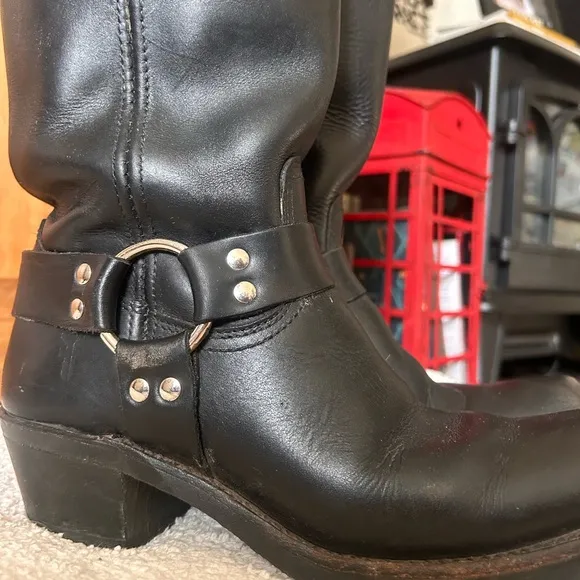 Black Cowboy Boots with Harness Strap and Sturdy Sole
