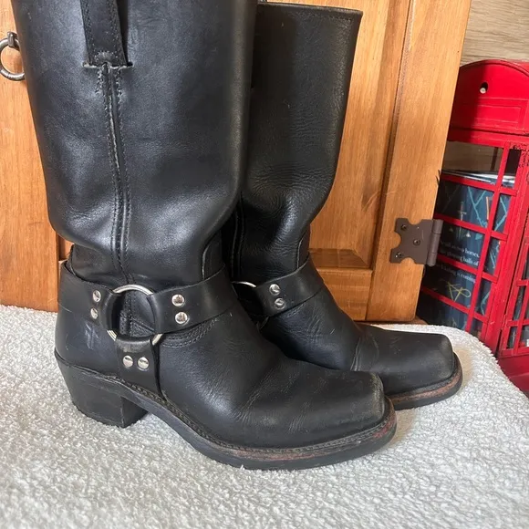Black Cowboy Boots with Harness Strap and Sturdy Sole