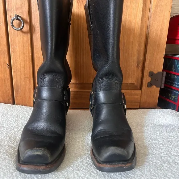 Black Cowboy Boots with Harness Strap and Sturdy Sole