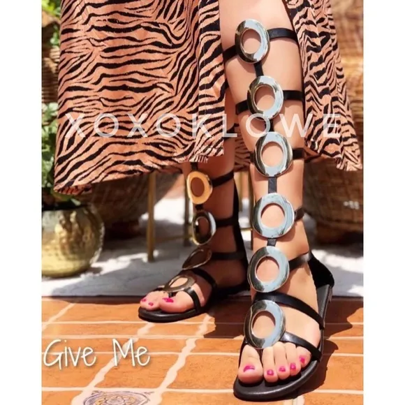 Black Gladiator Sandals Tall Gold Hardware