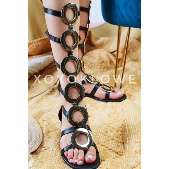 Black Gladiator Sandals Tall Gold Hardware