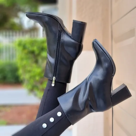 Black High Chunky Heeled Boots Zip Up Square Toe Ankle Booties