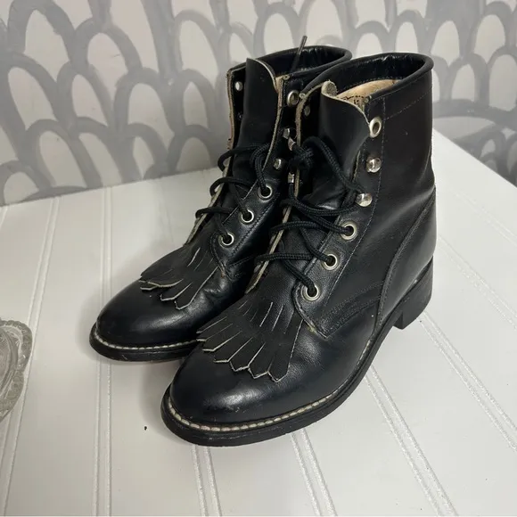 Black Lace Up Combat Boots with Chunky Heel and Padded Collar