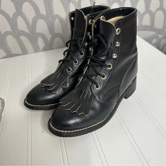Black Lace Up Combat Boots with Chunky Heel and Padded Collar