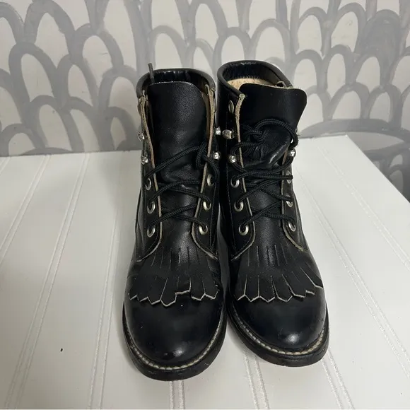 Black Lace Up Combat Boots with Chunky Heel and Padded Collar
