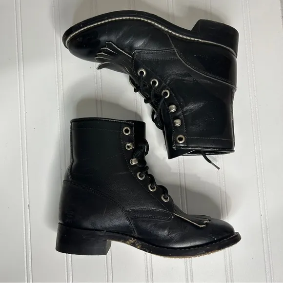 Black Lace Up Combat Boots with Chunky Heel and Padded Collar