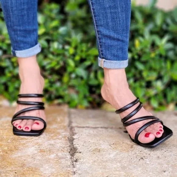 Black Square Toe Padded Strappy Heel Sandals