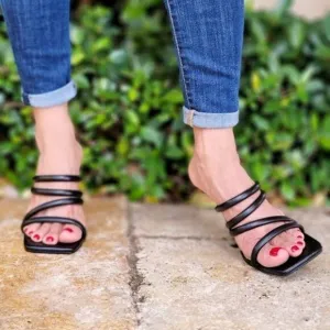 Black Square Toe Padded Strappy Heel Sandals