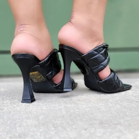 Black Double Strap Square Toe Heel Mule Sandals