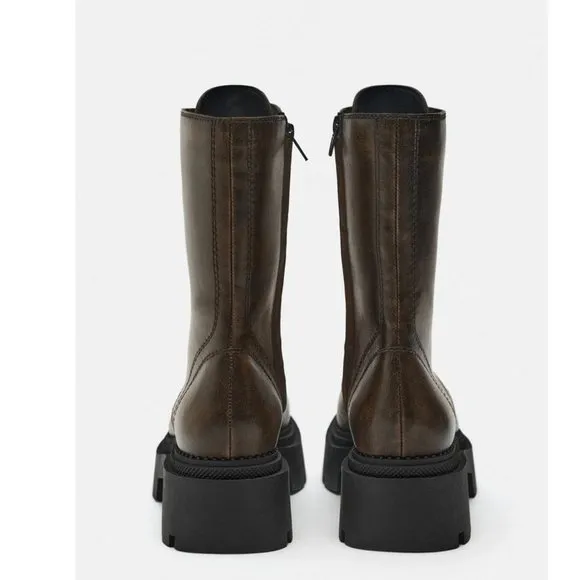 BLOGGER'S FAVE! Zara Laced Lug Sole Boots Brown NWT