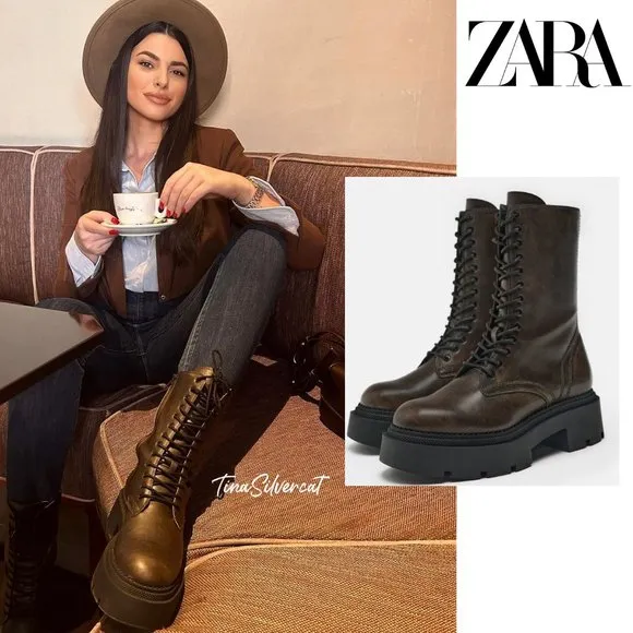 BLOGGER'S FAVE! Zara Laced Lug Sole Boots Brown NWT