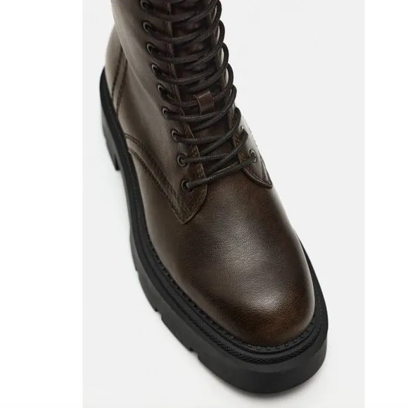 BLOGGER'S FAVE! Zara Laced Lug Sole Boots Brown NWT