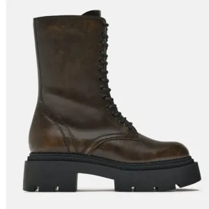 BLOGGER'S FAVE! Zara Laced Lug Sole Boots Brown NWT