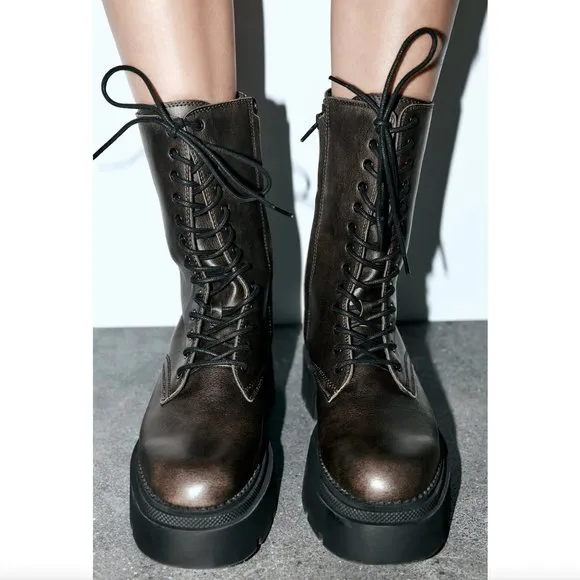 BLOGGER'S FAVE! Zara Laced Lug Sole Boots Brown NWT