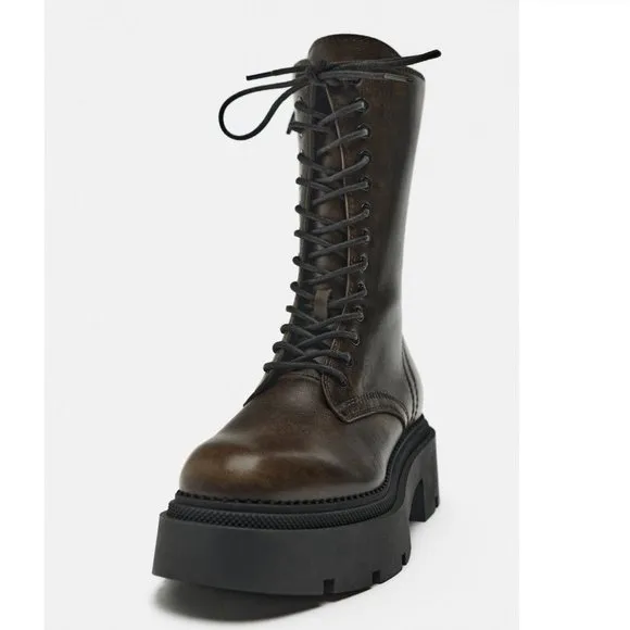BLOGGER'S FAVE! Zara Laced Lug Sole Boots Brown NWT