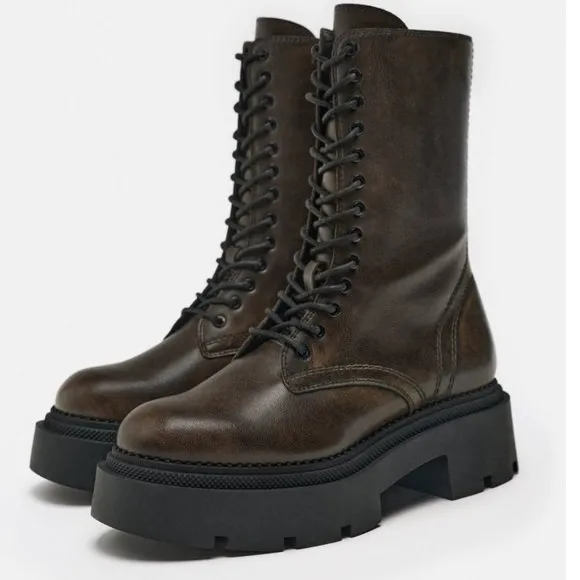 BLOGGER'S FAVE! Zara Laced Lug Sole Boots Brown NWT