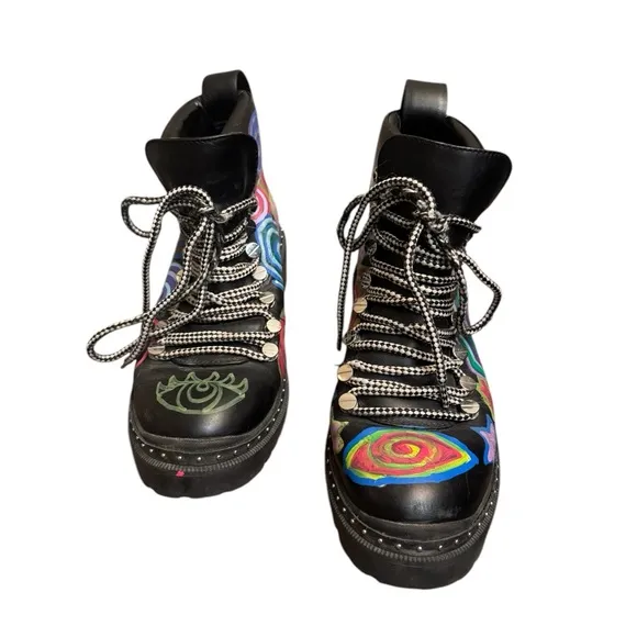 BLONDO Black Combat Boots Chunky Sole Colorful Artisan Painted Design Grunge