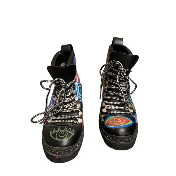 BLONDO Black Combat Boots Chunky Sole Colorful Artisan Painted Design Grunge