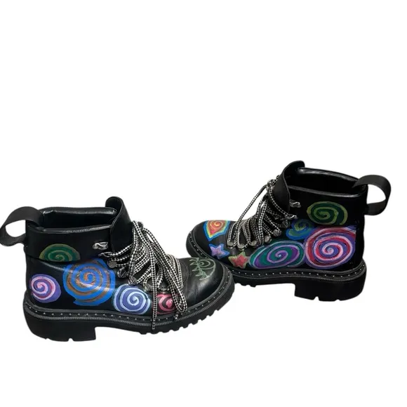 BLONDO Black Combat Boots Chunky Sole Colorful Artisan Painted Design Grunge