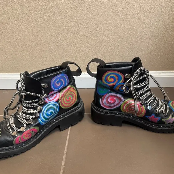 BLONDO Black Combat Boots Chunky Sole Colorful Artisan Painted Design Grunge