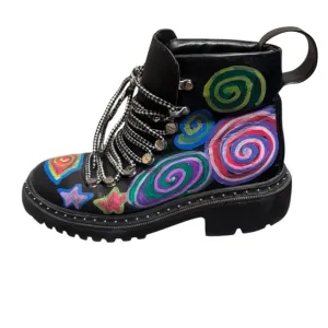 BLONDO Black Combat Boots Chunky Sole Colorful Artisan Painted Design Grunge
