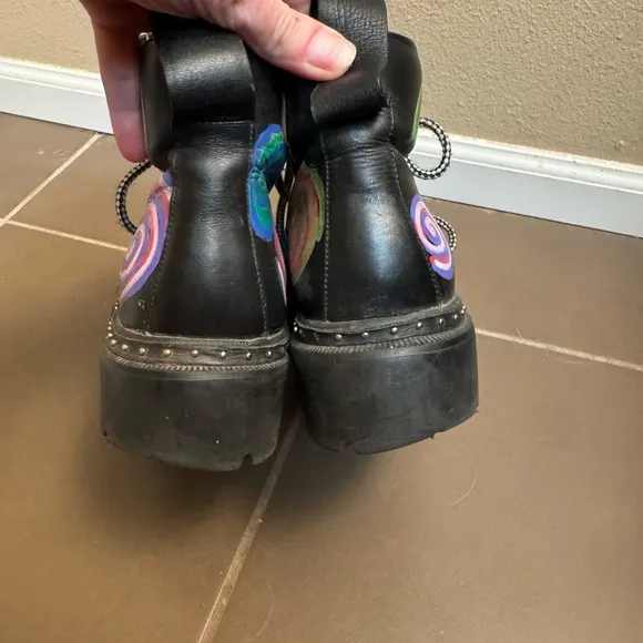 BLONDO Black Combat Boots Chunky Sole Colorful Artisan Painted Design Grunge