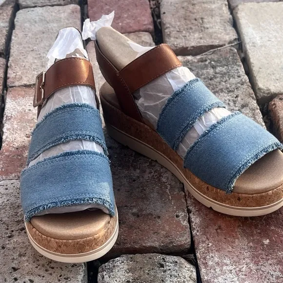 Blue and Tan Open-Toe Sandals with Denim Straps