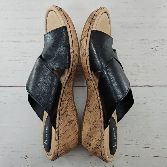 BOC BORN Womens Size 10 Black Cross Band Toe Ring Cork Wedge Slide Sandals Z4920