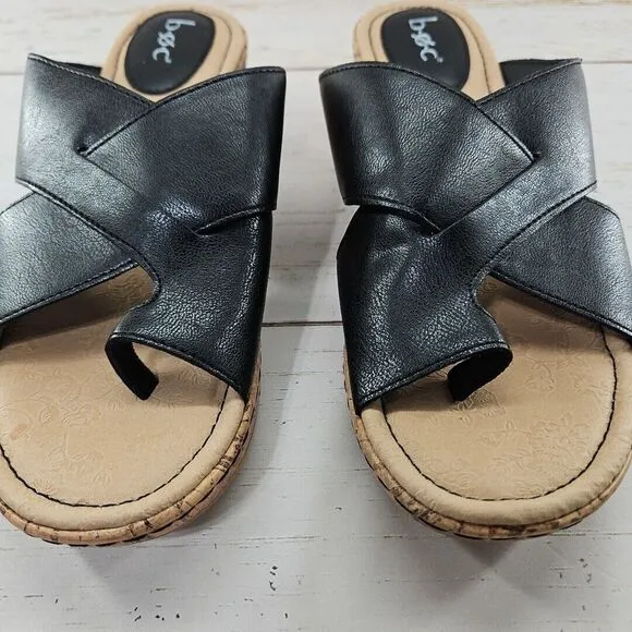 BOC BORN Womens Size 10 Black Cross Band Toe Ring Cork Wedge Slide Sandals Z4920