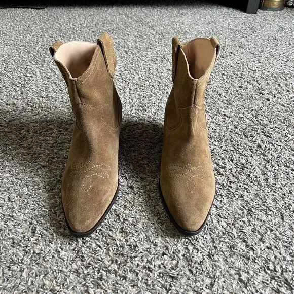 Boden Western Boots Size 40 US 8.5 Mid Calf Brown Suede Leather Pointed Heel New