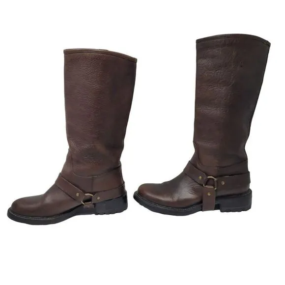 Boemos Pebble Leather Mid Calf Boots 39 Brown Belted Harness Handmade Italy 8216