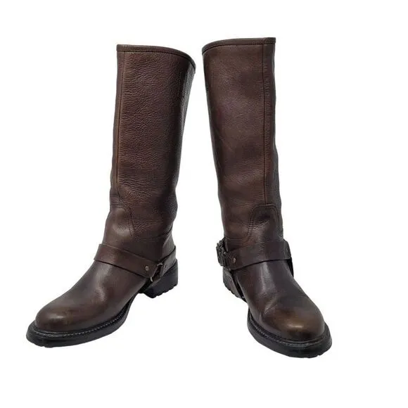 Boemos Pebble Leather Mid Calf Boots 39 Brown Belted Harness Handmade Italy 8216