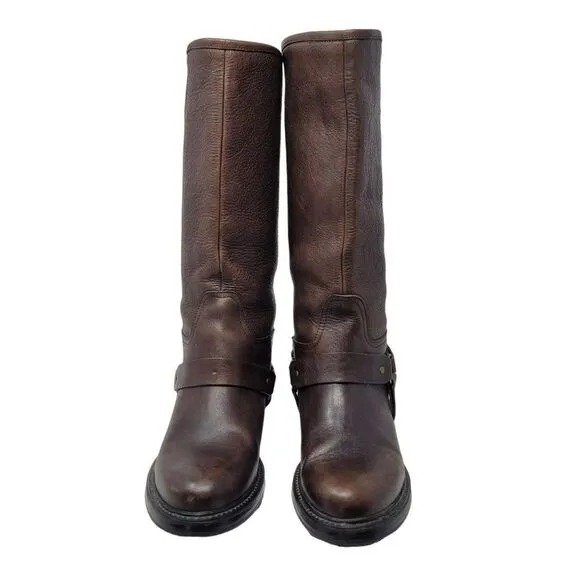 Boemos Pebble Leather Mid Calf Boots 39 Brown Belted Harness Handmade Italy 8216