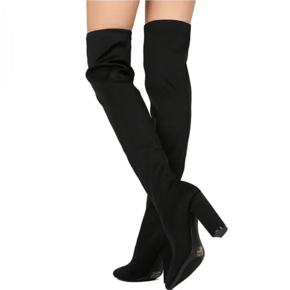 BOGO Qupid Stretchy Black Over the Knee Boots Chunky Heel Y2K Tall Glam Boot