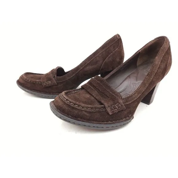 Born Brown Suede Comfort Penny Loafers Womens Chunky Heels Size 7.5