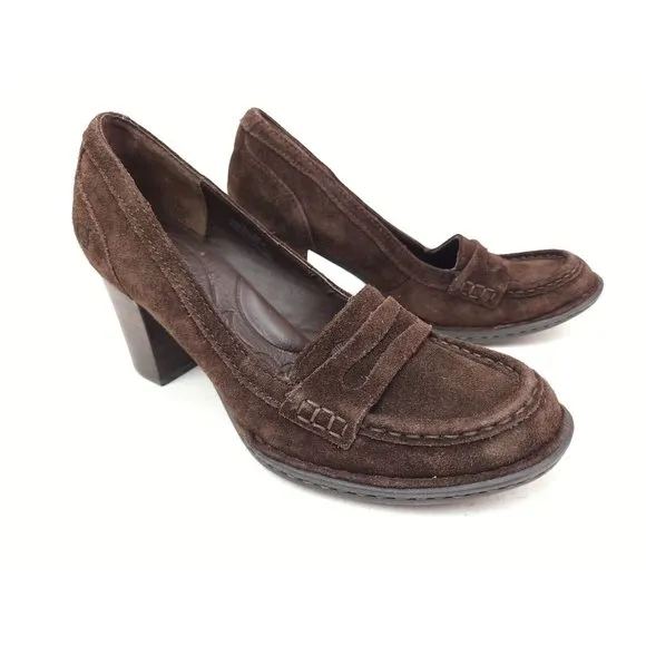 Born Brown Suede Comfort Penny Loafers Womens Chunky Heels Size 7.5