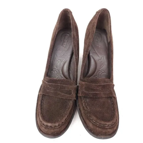 Born Brown Suede Comfort Penny Loafers Womens Chunky Heels Size 7.5