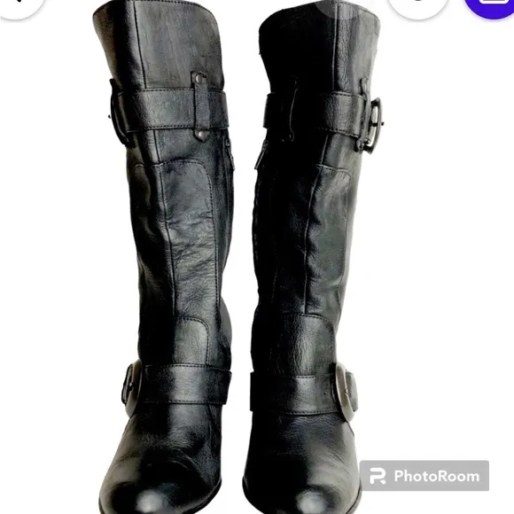 BORN CROWN Yolanda Black Leather Mid-calf Heeled Boots Women’s Size 8
