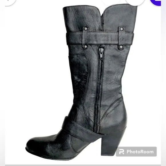 BORN CROWN Yolanda Black Leather Mid-calf Heeled Boots Women’s Size 8