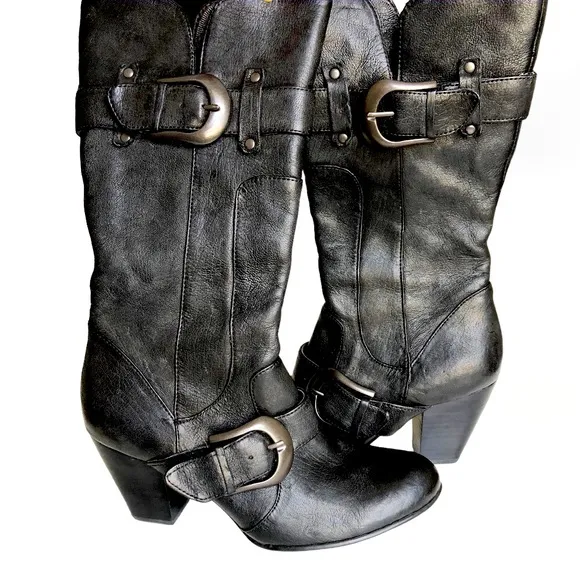 BORN CROWN Yolanda Black Leather Mid-calf Heeled Boots Women’s Size 8