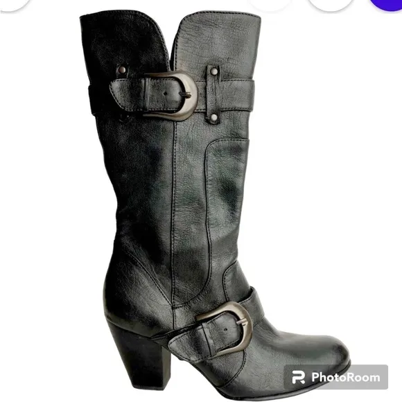 BORN CROWN Yolanda Black Leather Mid-calf Heeled Boots Women’s Size 8