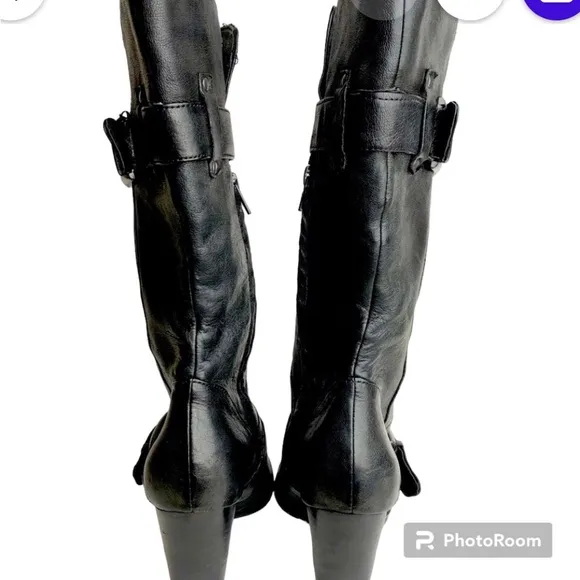 BORN CROWN Yolanda Black Leather Mid-calf Heeled Boots Women’s Size 8
