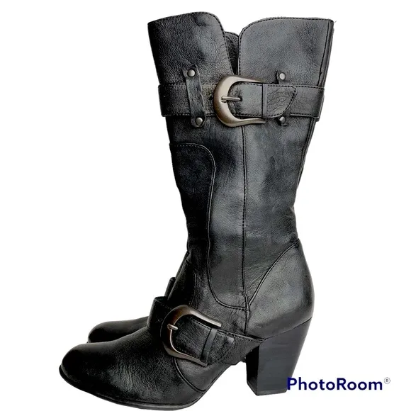 BORN CROWN Yolanda Black Leather Mid-calf Heeled Boots Women’s Size 8