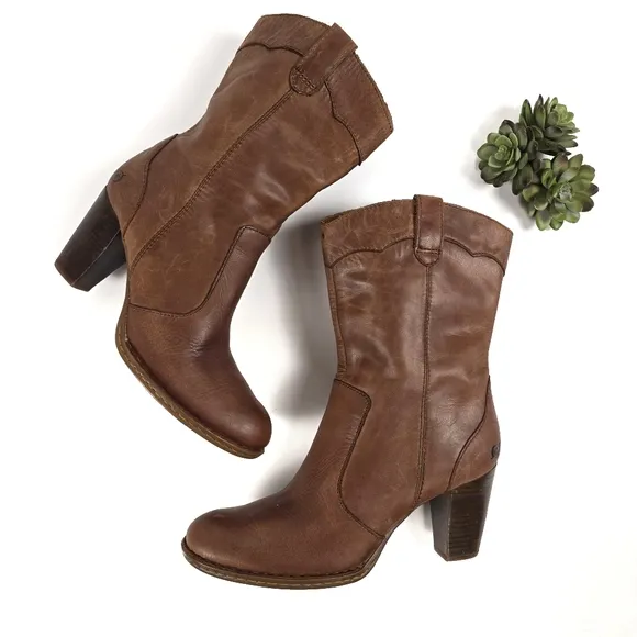 Born Genevieve Brown Leather Mid Calf Boots Size 10